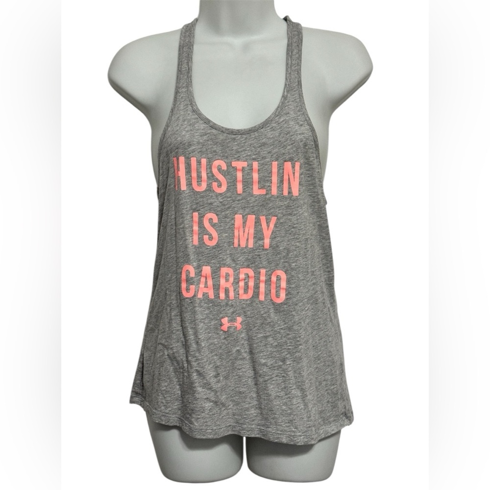 UNDER ARMOUR Womens Racerback Tank Hustlin Is My Cardio Gray Pink Loose Fit XS